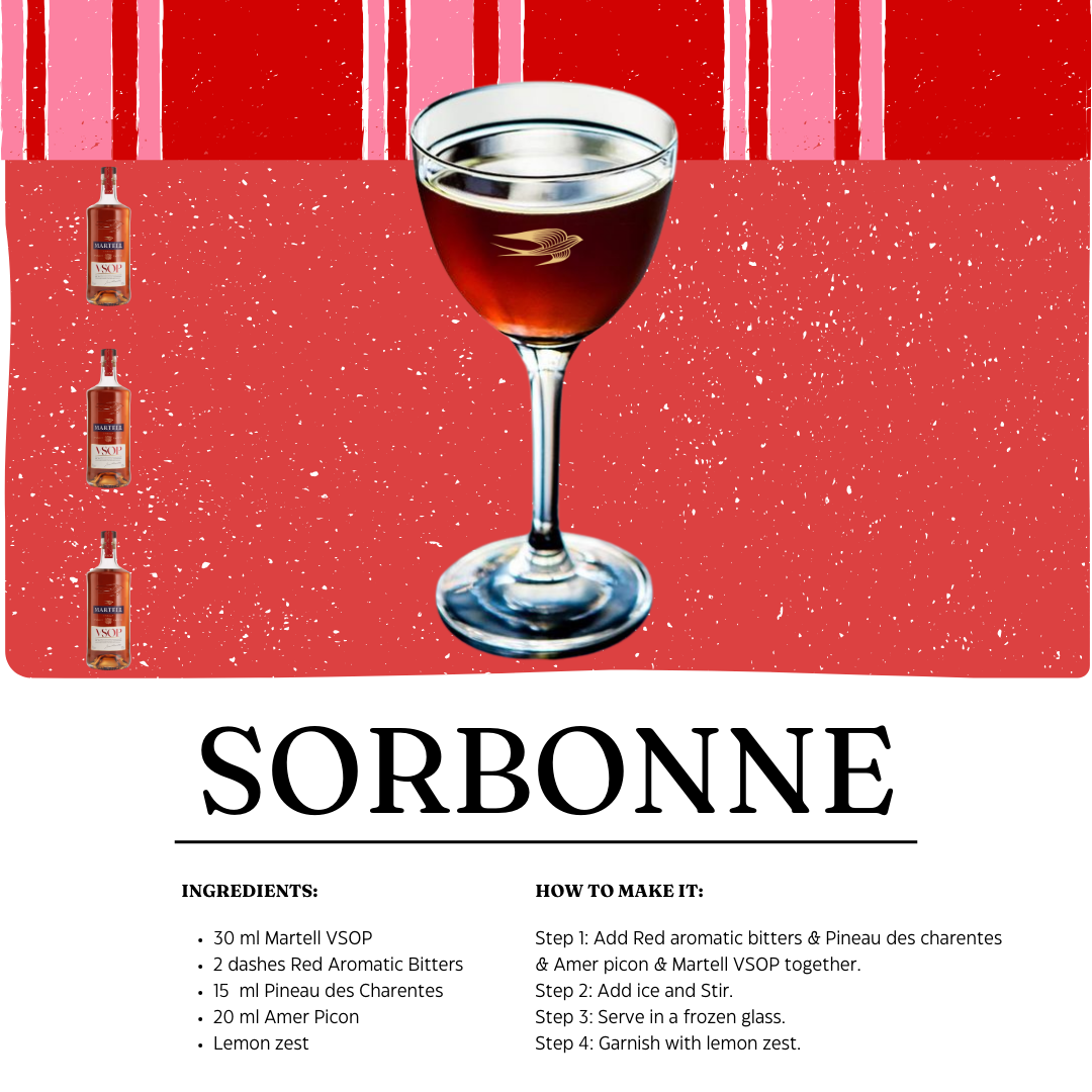 Recipe for Sorbonne Martell VSOP cocktail featuring a detailed list of ingredients and instructions for preparation.
